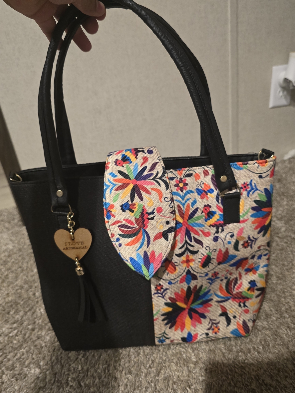 Floral Embroidered Black Tote Bag with Colorful Panel - Unknown Brand